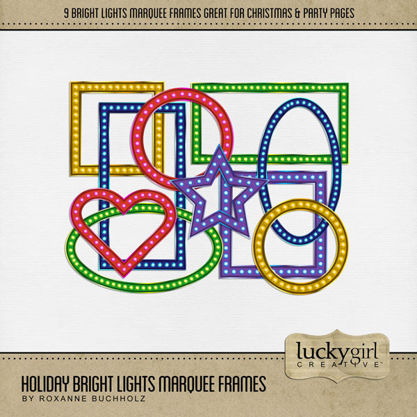 Shine bright this holiday season with these brightly colored marquee frames by Lucky Girl Creative digital art for digital scrapbooking. This set of lighted marquee frames is great for adding fun to all your photos or framing journaling boxes! Great for birthday and celebrations, too! This kit is included in the Holiday Bright Lights Bundle.