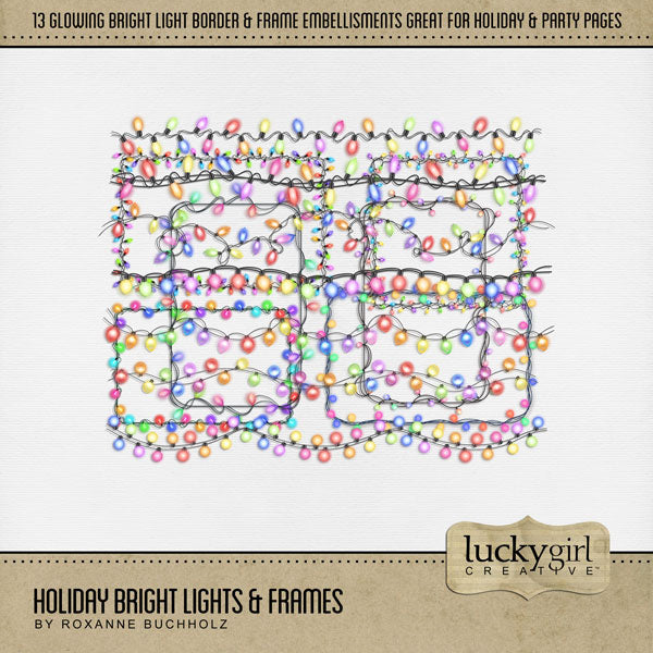Shine bright this holiday season with these brightly colored hanging light embellishments and photo frames by Lucky Girl Creative digital art featuring brightly colored Christmas lights. This set of hanging lights, borders, and frames is great for adding fun to all digital scrapbooking pages! Great for birthday and celebrations, too! This kit is included in the Holiday Bright Lights Bundle.