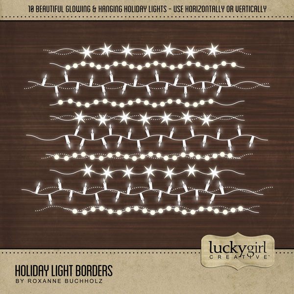 Accent your Christmas greeting cards and traditional seasonal pages with these strands of glowing holiday lights by Lucky Girl Creative digital art for digital scrapbooking. Great for Christmas, winter, New Year, seasonal farmhouse and barn weddings, and other special occasions. Use vertically or horizontally! This kit is included in the Holiday Wood & Lights Papers Bundle.