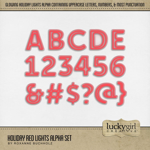 Shine bright this holiday season with this glowing light alpha set by Lucky Girl Creative digital art. Use in a solid color or mix-and-match all the various holiday light alphas for added fun on all your digital scrapbooking page titles! Great for birthday and celebrations! This alpha set consists of a full set of digital art uppercase letters A-Z, numbers 0-9, and most punctuation marks. This alpha set is available as individual embellishments only. This kit is included in the Holiday Lights Alpha Bundle.