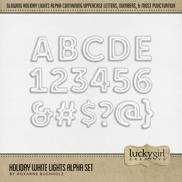 Shine bright this holiday season with this glowing white light alpha set by Lucky Girl Creative digital art. This set of holiday light alphas is great for adding wonder to all your digital scrapbooking page titles! Great for birthday, weddings, and celebrations, too! This alpha set consists of a full set of digital art uppercase letters A-Z, numbers 0-9, and most punctuation marks. This alpha set is available as individual embellishments only. This kit is included in the Winter Wonderland Bundle.
