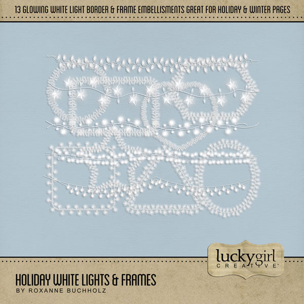Shine bright this holiday season with these hanging light embellishments and photo frames by Lucky Girl Creative digital art featuring glowing white Christmas lights. This set of hanging lights, borders, and frames is great for adding fun to all digital scrapbooking pages! Great for birthday, wedding, and celebrations, too! This kit is included in the Winter Wonderland Bundle.