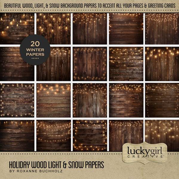 Accent your Christmas greeting cards and traditional seasonal pages with these brown wood grain papers with strands of hanging lights and snowflakes by Lucky Girl Creative digital art for digital scrapbooking. Great for Christmas, winter, New Year, seasonal farmhouse and barn weddings, camping, fall, autumn, snow, Thanksgiving, and other special occasions. This kit is included in the Holiday Wood & Lights Papers Bundle.