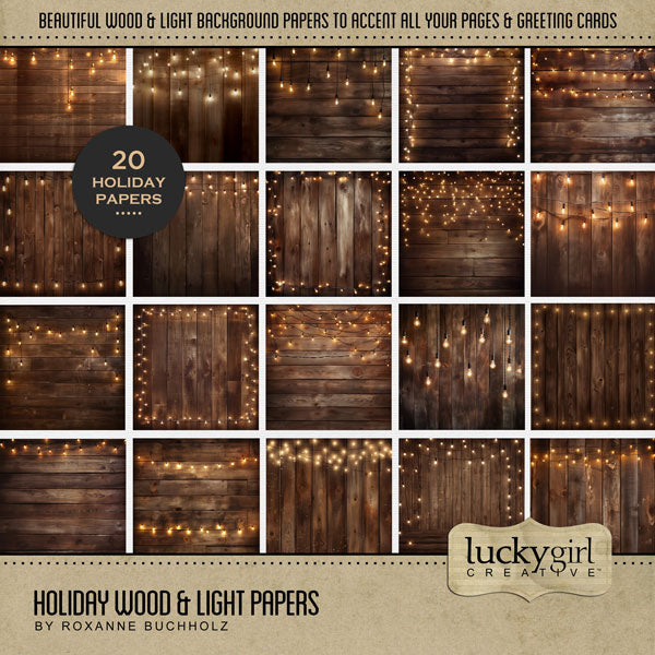 Accent your Christmas greeting cards and traditional seasonal pages with these brown wood grain papers with strands of hanging lights by Lucky Girl Creative digital art for digital scrapbooking. Great for Christmas, winter, New Year, seasonal farmhouse and barn weddings, camping, fall, autumn, Thanksgiving, and other special occasions. This kit is included in the Holiday Wood & Lights Papers Bundle.