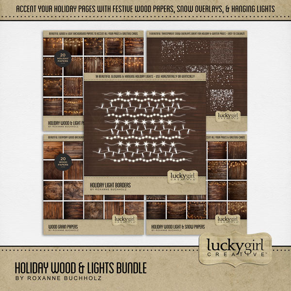 Add warmth to all your holiday pages with these wood and light papers, snow overlays, and 10 hanging holiday light embellishments by Lucky Girl Creative digital art for digital scrapbooking. Great for Christmas, winter, New Year, seasonal farmhouse and barn weddings, and other special occasions.