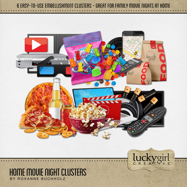 Nothing could be more fun than a family movie night at home! Relax on the couch and enjoy the video, streaming movie, or watch your favorite TV series. Cluster embellishments by Lucky Girl Creative digital art for digital scrapbooking include remote control, earphones, batteries, pizza, pretzels, beer, DVD, soda, popcorn, laptop, candy, food delivery, and more. This kit is included in the Home Movie Night Bundle.