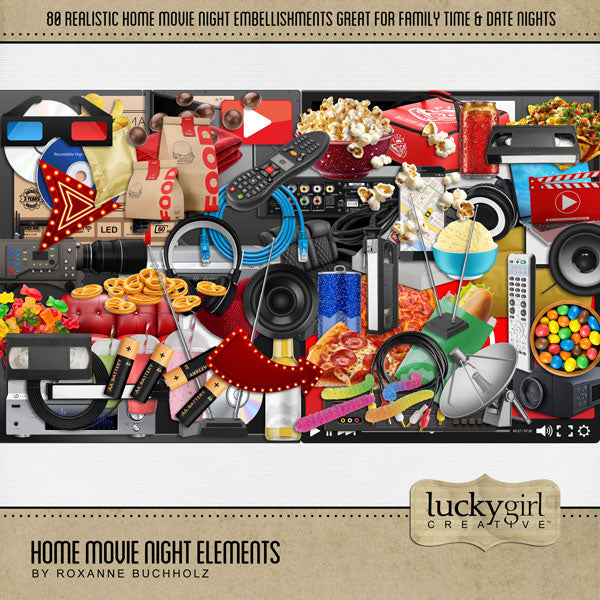 Nothing could be more fun than a family movie night at home! Relax on the couch and enjoy the movie while you drink soda, enjoy food delivery, and fight over the remote control! Great for streaming movies or watching your favorite TV series. Embellishments by Lucky Girl Creative digital art for digital scrapbooking include 3D glasses, play button, cable, cord, power cord, tv, television, remote control, audio visual, gummy bears, gummy worms, candy, malt balls, m and m's, CD, DVD, VCR, VHS, beer, disc