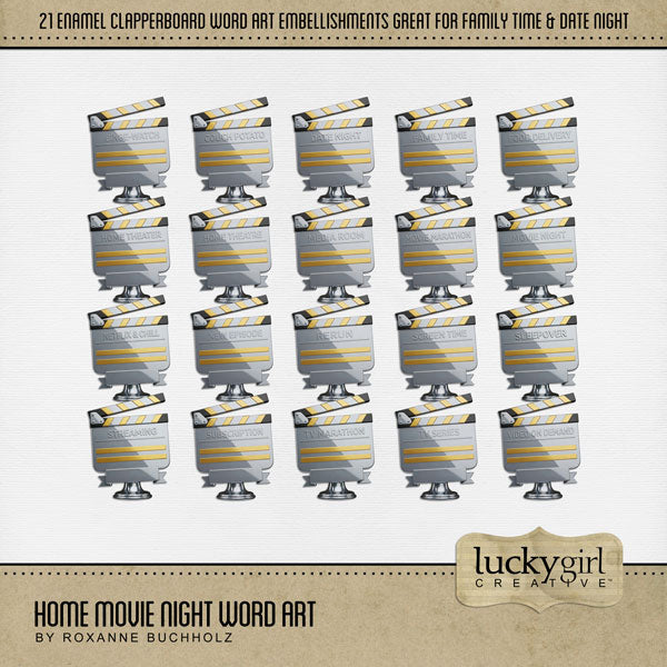Nothing could be more fun than a family movie night at home! Relax on the couch and enjoy the video, streaming movie, or watch your favorite TV series. Word Art on enamel clapperboards by Lucky Girl Creative digital art for digital scrapbooking includes Binge Watch, Couch Potato, Date Night, Family Time, Home Theater, Food Delivery, Home Theatre, Media Room, Movie Marathon, Movie Night, Netflix and Chill, New Episode, Rerun, Screen Time, Sleepover, Streaming, Subscription, TV Marathon, TV series, and Video 