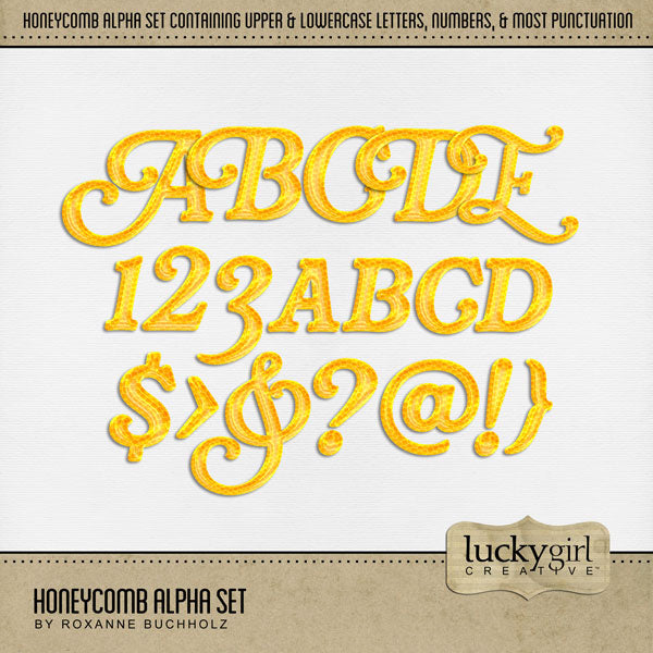 Showcase your favorite desserts, restaurants, recipes, and cookbook favorites with these fun digital scrapbooking alphabet letters, numbers, and punctuation by Lucky Girl Creative digital art great for creating one-of-a-kind digital scrapbooking page titles. Great for sweet treats, hot summer days, and beekeeping! This alpha set consists of a full set of digital art uppercase letters A-Z, lowercase letters a-z, numbers 0-9, and most punctuation. This alpha set is available as individual embellishments only.