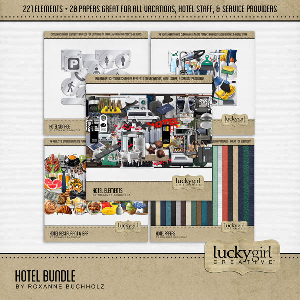 Great for vacations and holidays, these realistic hotel digital scrapbooking embellishments and papers by Lucky Girl Creative digital art will add that realistic touch to all your pages. From hotel guests and tourists to service staff and hotel employees, this kit has you covered.