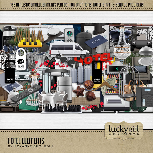 Great for vacations and holidays, these realistic digital scrapbooking hotel embellishments by Lucky Girl Creative digital art will add that realistic touch to all your pages. From hotel guests and tourists to service staff and hotel employees, this kit has you covered. Embellishments include activity desk, concierge, air conditioner, remote control, artwork, art, leather bag, duffle bag, bath tub, sink, chocolate candy, pillow, valet cap, bellman hat, car keys, and more!