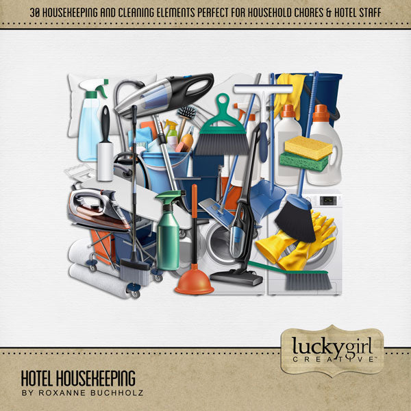 Great for vacations and everyday household chores, these realistic housekeeping digital scrapbooking embellishments by Lucky Girl Creative digital art will add that realistic touch to all your pages. Also great for those in the service industry such as maids and housekeepers. Embellishments include towels, sheets, pillow, broom, sweeper, bucket, cleaning supplies, laundry detergent, lint roller, sponges, spray bottle, squeegee, toilet bowl cleaner, and more!