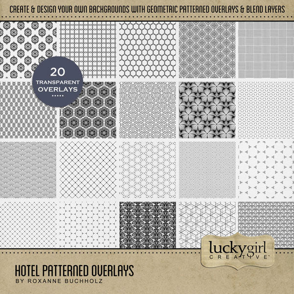 Create your own digital scrapbooking papers with these stylish geometric overlays by Lucky Girl Creative digital art. Fill the patterns with your favorite color, photo, or paper to create a unique patterned effect and one-of-a-kind background paper.