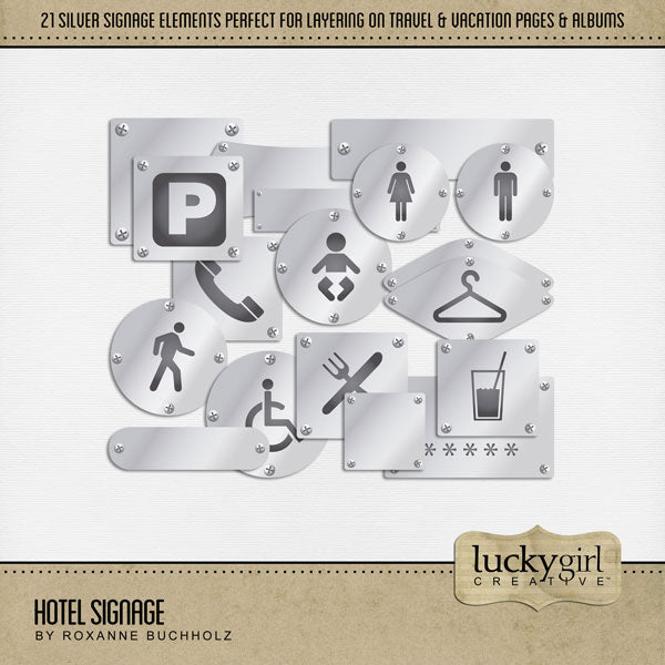 Great for vacations and holidays, these realistic digital scrapbooking silver signs featuring hotel icons by Lucky Girl Creative digital art will add a special accent to all your favorite travel photos. Embellishments include 5 stars, baby changing room, bar, cocktails, drinks, restaurant, cafe, closet, hanger, parking, food, restroom, bathroom, telephone, phone, walk, and wheelchair access along with 9 black signs to create your own.