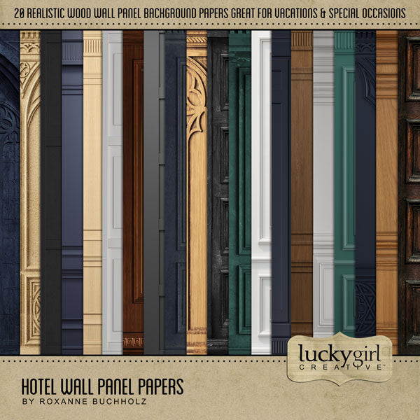 Elegant and sophisticated, these digital scrapbooking papers by Lucky Girl Creative digital art are the perfect backdrop for any special occasion or theme. With realistic wood paneled walls, these background papers would look great with wedding, family history, genealogy, and everyday pages, too!