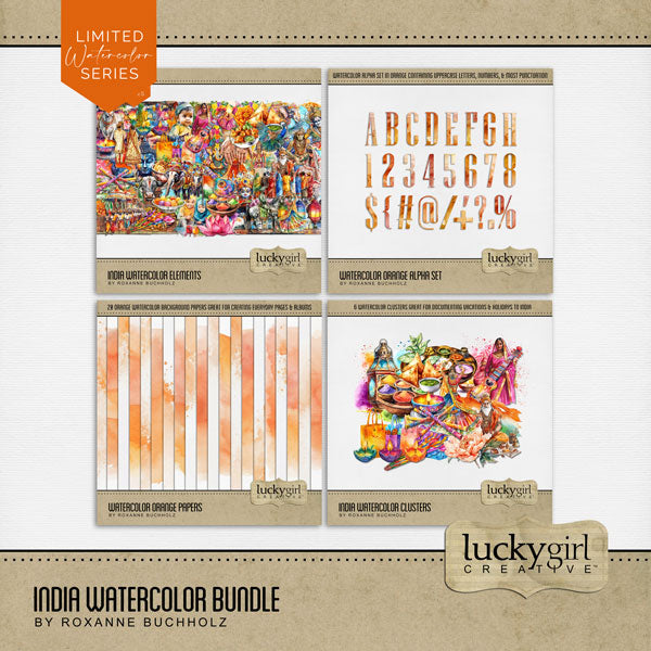 Add these beautiful watercolor embellishments, papers, clusters, and alpha set by Lucky Girl Creative digital art to all your digital scrapbooking pages to easily create memorable Indian pages and albums of travel to India! Great for vacations to India, Indian heritage and traditional holidays, and even Pakistan, Nepal, Bangladesh, Sri Lanka, Maldives, and Afghanistan! Embellishments feature bird, lily pad, brass pot, Buddha, bull, cow, candle, oil lamp, child, kid, city street, Dandiya sticks, and more.