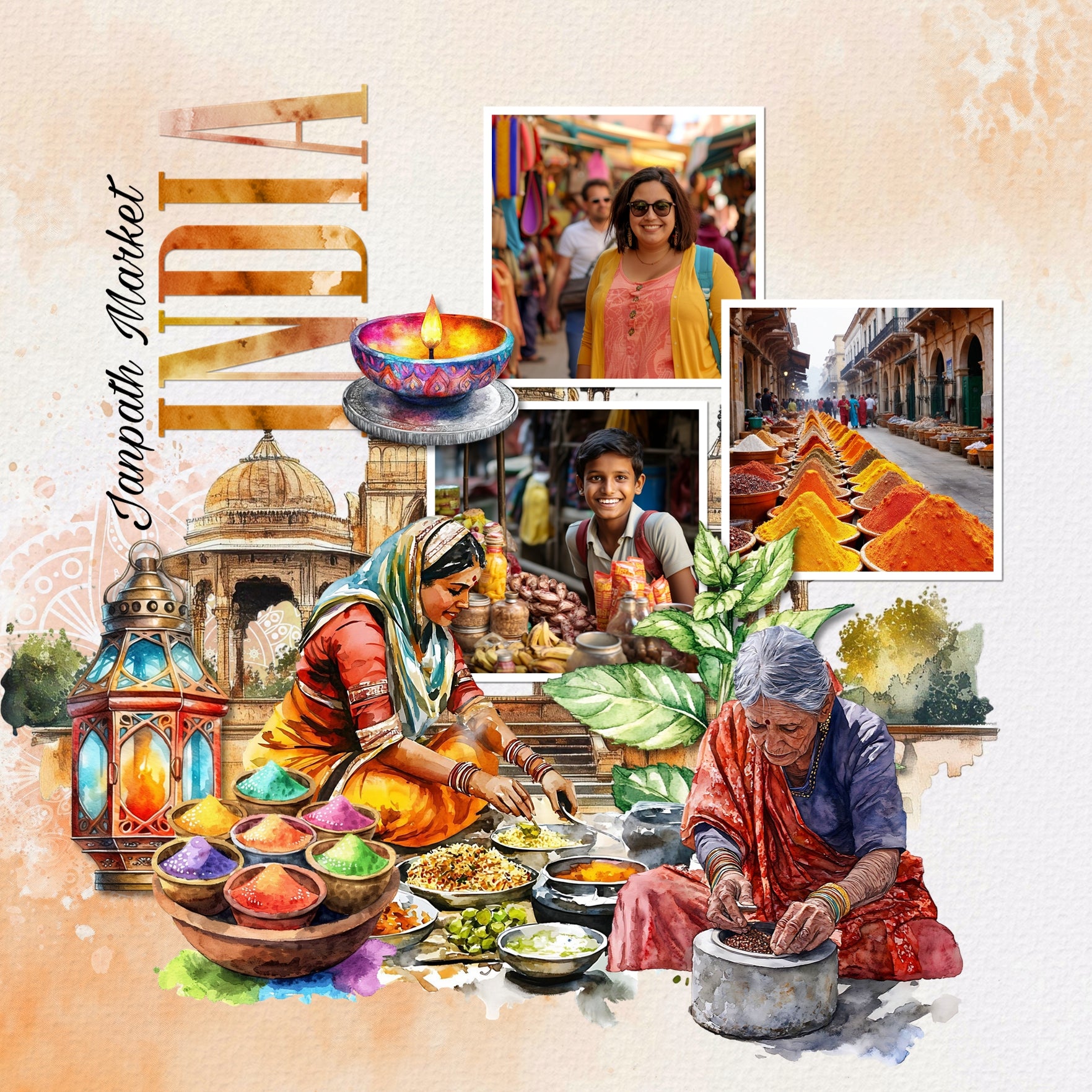 Add these beautiful watercolor embellishments, papers, clusters, and alpha set by Lucky Girl Creative digital art to all your digital scrapbooking pages to easily create memorable Indian pages and albums of travel to India! Great for vacations to India, Indian heritage and traditional holidays, and even Pakistan, Nepal, Bangladesh, Sri Lanka, Maldives, and Afghanistan! Embellishments feature bird, lily pad, brass pot, Buddha, bull, cow, candle, oil lamp, child, kid, city street, Dandiya sticks, and more.