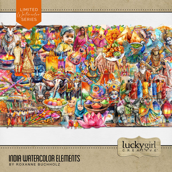 Add these beautiful watercolor embellishments by Lucky Girl Creative digital art to all your digital scrapbooking pages to easily create memorable Indian pages and albums of travel to India! Great for vacations to India, Indian heritage and traditional holidays, and even Pakistan, Nepal, Bangladesh, Sri Lanka, Maldives, and Afghanistan! Embellishments feature bird, lily pad, brass pot, Buddha, bull, cow, candle, oil lamp, child, kid, city street, Dandiya sticks, deity, Ganesha, Diwali candles, and more.