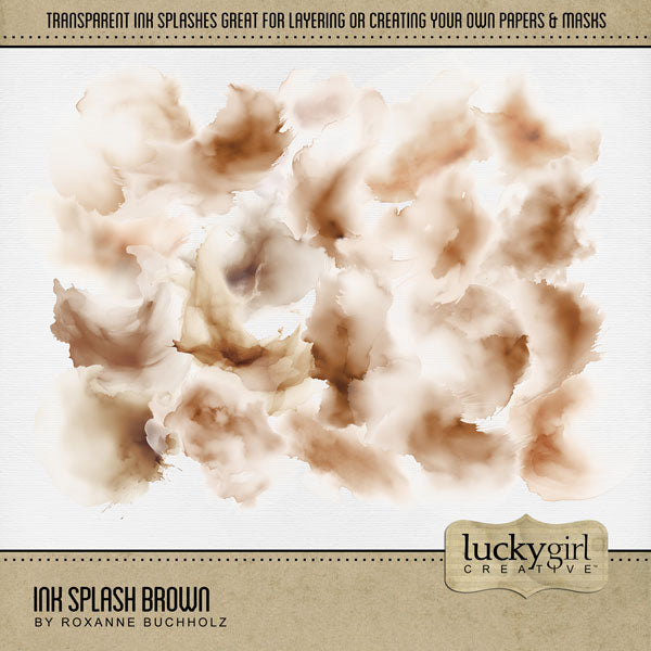 Create your own beautiful watercolor backgrounds with these semi-transparent ink splash overlays by Lucky Girl Creative digital art. Simply add one or more of these overlays to a background paper of your choice to create a one-of-a-kind digital scrapbooking page. Great for any theme or occasion! This kit is included in the Ink Splash Mega Bundle.