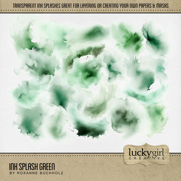 Create your own beautiful watercolor backgrounds with these semi-transparent ink splash overlays by Lucky Girl Creative digital art. Simply add one or more of these overlays to a background paper of your choice to create a one-of-a-kind digital scrapbooking page. Great for any theme or occasion! This kit is included in the Ink Splash Mega Bundle.