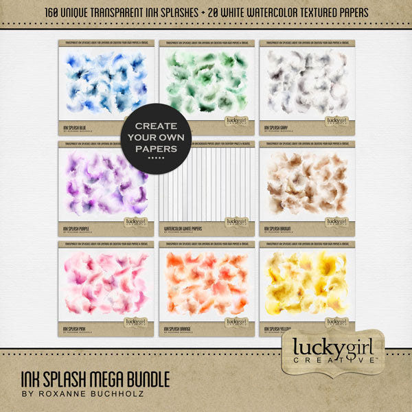 Create your own beautiful watercolor backgrounds with these semi-transparent ink splash overlays and textured white watercolor background papers by Lucky Girl Creative digital art. Simply add one or more of these overlays to a background paper of your choice to create a one-of-a-kind digital scrapbooking page. Great for any theme or occasion!