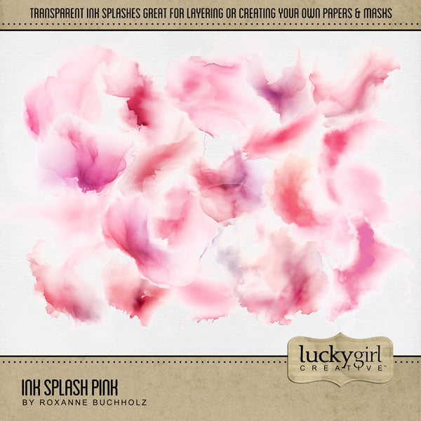 Create your own beautiful watercolor backgrounds with these semi-transparent ink splash overlays by Lucky Girl Creative digital art. Simply add one or more of these overlays to a background paper of your choice to create a one-of-a-kind digital scrapbooking page. Great for any theme or occasion! This kit is included in the Ink Splash Mega Bundle.