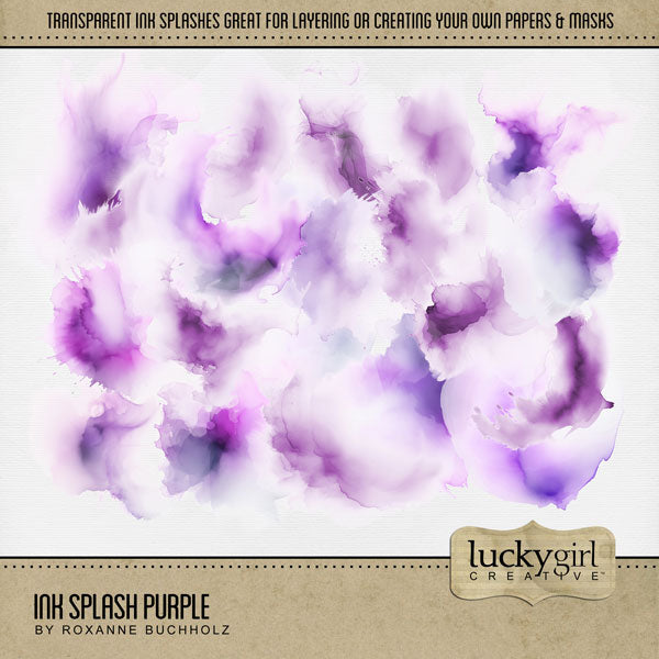 Create your own beautiful watercolor backgrounds with these semi-transparent ink splash overlays by Lucky Girl Creative digital art. Simply add one or more of these overlays to a background paper of your choice to create a one-of-a-kind digital scrapbooking page. Great for any theme or occasion! This kit is included in the Ink Splash Mega Bundle.
