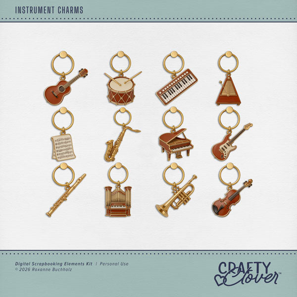Document your memories with these fun music and instrument themed lucky charms by Crafty Clover digital art! Great for classical music concerts, the theater, musicals, the symphony, and school programs. Embellishments include acoustic guitar, drum, electric guitar, flute, keyboard, metronome, music sheets, piano, organ, saxophone, trumpet, and violin. This kit is NOT included in any digital scrapbooking bundle.
