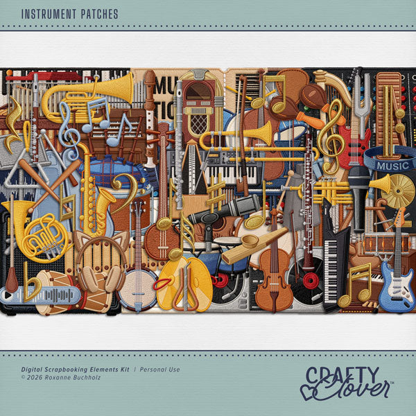 Document your memories with these fun music and instrument themed embroidered patches by Crafty Clover digital art for digital scrapbooking! Great for classical music concerts, the theater, musicals, the symphony, and school programs. Embellishments include violin, bow, conductor, baton, cow bell, drum sticks, guitar pick, guitar, headphones, accordion, bagpipe, banjo, bar chimes, bassoon, cello, clarinet, conga drum, drums, cymbals, snare drum, tribal drum, Bongo drums, electric guitar, flute, French horn