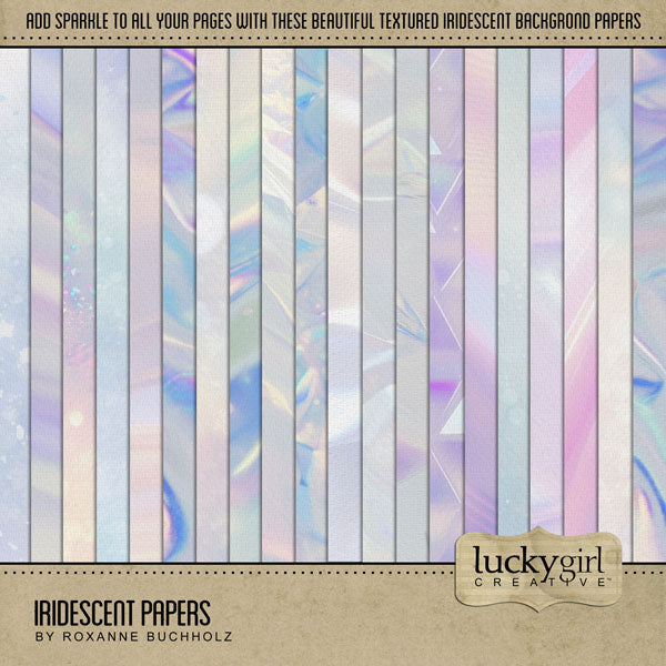 Add beautiful transparent iridescent textured papers by Lucky Girl Creative digital art to all your digital scrapbooking pages! In hues of white, pink, blue, and purple, the iridescent papers add so much sparkle and shine to all your memory keeping projects. Try layering over different colored digital papers to create a one-of-a-kind look! Great for inspirational, party, celebration, and birthday pages. This kit is included in the Iridescent Papers & Overlays Kit.