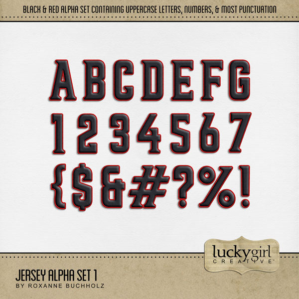 Add these sporty black and red letters, numbers, and punctuation to all your digital scrapbooking pages and mix-and-match them on various projects throughout the year! Great for sports including baseball, football, hockey, volleyball, and more! The Jersey Alpha Set 1 consists of a full set of digital art uppercase alphabet letters A-Z, numbers 0-9, and most punctuation marks. This alpha set is available as individual embellishments only. This kit is included in the Baseball Alpha & Word Art Bundle.