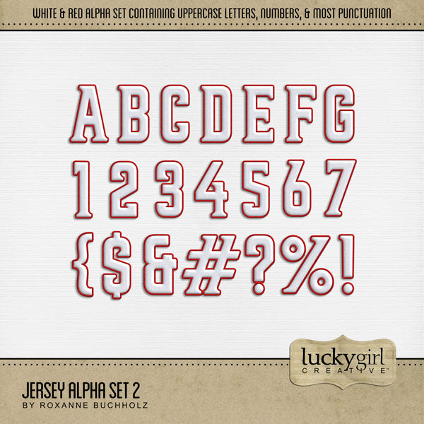 Add these sporty blue and red letters, numbers, and punctuation to all your digital scrapbooking pages and mix-and-match them on various projects throughout the year! Great for sports including baseball, football, hockey, volleyball, and more! The Jersey Alpha Set 2 consists of a full set of digital art uppercase alphabet letters A-Z, numbers 0-9, and most punctuation marks. This alpha set is available as individual embellishments only. This kit is included in the Baseball Alpha & Word Art Bundle.
