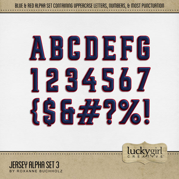 Add these sporty blue and red letters, numbers, and punctuation to all your digital scrapbooking pages and mix-and-match them on various projects throughout the year! Great for sports including baseball, football, hockey, volleyball, and more! The Jersey Alpha Set 3 consists of a full set of digital art uppercase alphabet letters A-Z, numbers 0-9, and most punctuation marks. This alpha set is available as individual embellishments only. This kit is included in the Baseball Alpha & Word Art Bundle.
