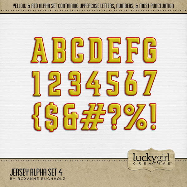 Add these sporty yellow and red letters, numbers, and punctuation to all your digital scrapbooking pages and mix-and-match them on various projects throughout the year! Great for sports including softball and baseball! The Jersey Alpha Set 4 consists of a full set of digital art uppercase alphabet letters A-Z, numbers 0-9, and most punctuation marks. This alpha set is available as individual embellishments only. This kit is included in the Softball Alpha & Word Art Bundle.