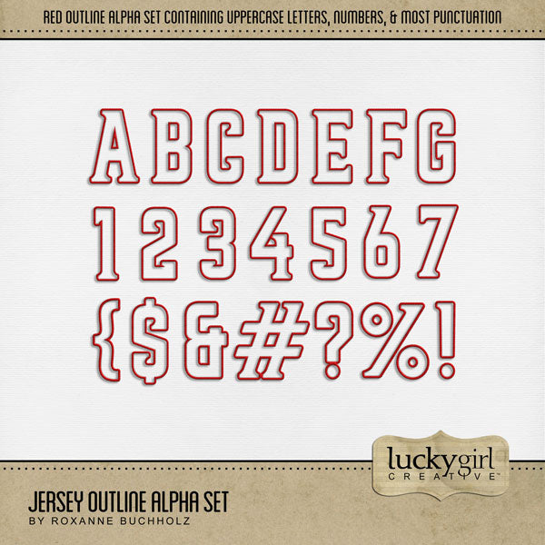 Add these sporty red outline letters, numbers, and punctuation to all your digital scrapbooking pages and mix-and-match them on various projects throughout the year! Great for sports including baseball, football, hockey, volleyball, and more! Each character is an outline with a transparent center. The Jersey Outline Alpha Set consists of a full set of digital art uppercase alphabet letters A-Z, numbers 0-9, and most punctuation marks. This alpha set is available as individual embellishments only.