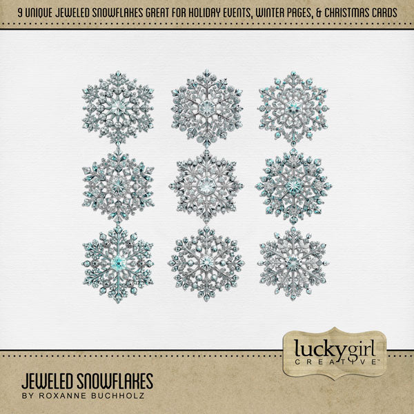 Add these jeweled snowflake embellishments by Lucky Girl Creative digital art to all your winter and holiday digital scrapbooking pages for that extra touch of sparkle. This kit is included in the Woodland Winter Add-On Bundle 2.