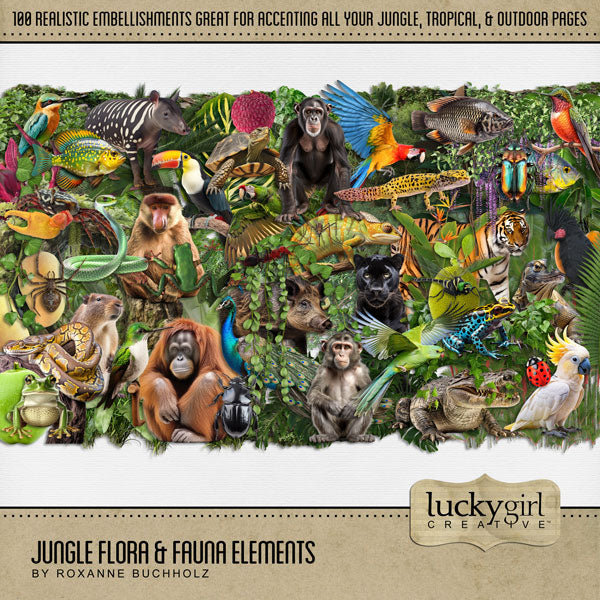 Explore nature and the outdoors with this beautiful realistic digital scrapbooking jungle flora and fauna embellishment kit by Lucky Girl Creative digital art. Great for tropical vacations, hiking, camping, nature walks, the zoo, and more. Embellishments include bird, cockatoo, hummingbird, parrot, peacock, toucan, capybara, crab, crocodile, alligator, fish, frog, lizard, reptile, bug, insect, beetle, ant, dragonfly, ladybug, mosquito, spider, monkey, chimpanzee, Proboscis, Orangutan, panther, and more.