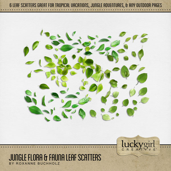 Explore nature and the outdoors with this beautiful realistic scattered leaf embellishment kit by Lucky Girl Creative digital art. Great for vacations, hiking, camping, nature walks, and more. The Jungle Flora & Fauna Leaf Scatters is included in the Jungle Flora &amp; Fauna Mega Bundle.