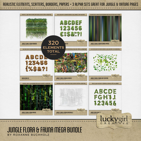 Explore nature and the outdoors with this beautiful realistic digital scrapbooking jungle flora and fauna embellishments, papers, and alpha set bundle by Lucky Girl Creative digital art. Great for tropical vacations, hiking, camping, nature walks, the zoo, and more. Embellishments include bird, cockatoo, hummingbird, parrot, peacock, toucan, capybara, crab, crocodile, alligator, fish, frog, lizard, reptile, bug, insect, beetle, ant, dragonfly, ladybug, mosquito, spider, monkey, and more.