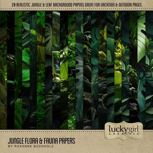 Explore nature and the outdoors with this beautiful tropical leaf and jungle landscape digital scrapbooking paper pack by Lucky Girl Creative digital art. Great for jungle, zoo, tropical vacations, and more. The Jungle Flora & Fauna Papers is included in the Jungle Flora & Fauna Mega Bundle.