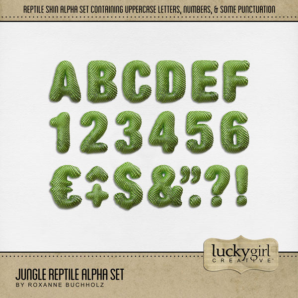 Explore nature and the outdoors with these realistic digital scrapbooking green reptile skin alphabet letters, numbers, and most punctuation by Lucky Girl Creative digital art. Great for tropical vacations, zoo, and animals such as snake, lizards, and iguanas. The Jungle Reptile Alpha Set consists of a full set of digital art uppercase letters A-Z, numbers 0-9, and most punctuation This alpha set is available as individual embellishments only.