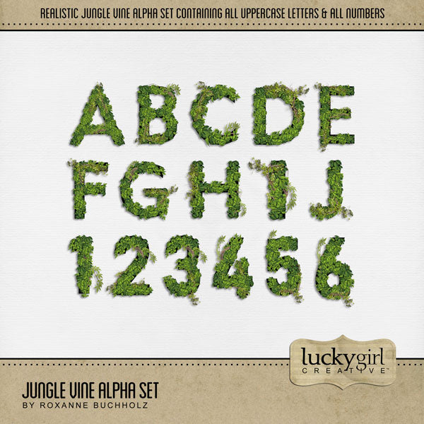 Explore nature and the outdoors with these beautiful and realistic vine alphabet letters and numbers by Lucky Girl Creative digital art featuring vines and leaves. Great for vacations, hiking, camping, and more. The Jungle Vine Alpha Set consists of a full set of digital art uppercase letters A-Z and numbers 0-9. This alpha set is available as individual embellishments only.