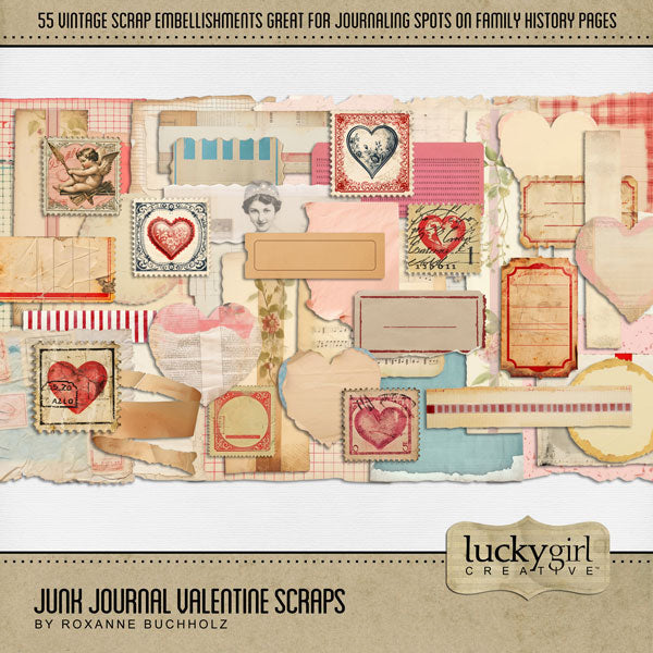 Filled with vintage ephemera scraps and torn paper pieces by Lucky Girl Creative digital art, these authentic elements will help accent your love story or Valentine's Day pages. Great for journaling on family history and genealogy pages, too! Embellishments include torn paper, grid paper, vintage hearts, postage stamps, antique ticket, wrinkled ephemera, and more in tones of tan, pink, red, and teal blue.