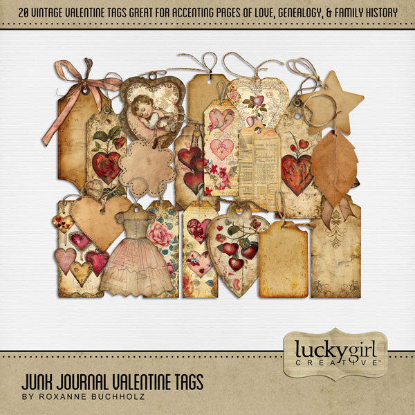 Filled with vintage embellishments by Lucky Girl Creative digital art, these authentic tag elements will help accent your love story or Valentine's Day pages. Great for journaling on family history and genealogy pages, too! This kit is included in the Junk Journal Valentine Bundle.