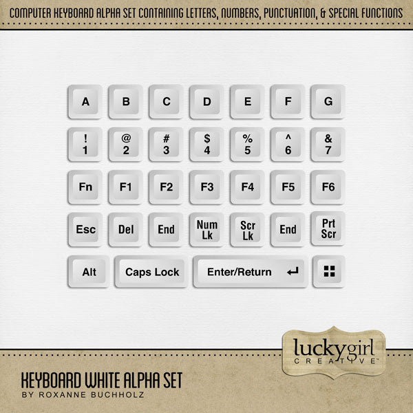 Add these realistic keyboard keys including alphabet letters, numbers, punctuation, and function buttons by Lucky Girl Creative digital art to all your digital scrapbooking pages and mix-and-match them on various projects throughout the year! Great for any occasion and theme including office and work occupation! The Keyboard White Alpha Set consists of a full set of digital art uppercase alphabet letters A-Z and more!