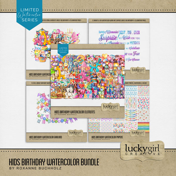 Celebrate the children in your life with these bright and playful watercolor embellishments, papers, word art, and clusters by Lucky Girl Creative digital art for digital scrapbooking. Great for birthday, boys, girls, celebrations, and carnival activities. Embellishments include balloon, monkey, frog, dog, giraffe, rabbit, bear, balloon arch, jumpy house, bounce house, banner, bunting, candle, goodie bag, carousel, car, clown, stars, confetti, cupcake, drink, soda, birthday cake, cake, candy, donut