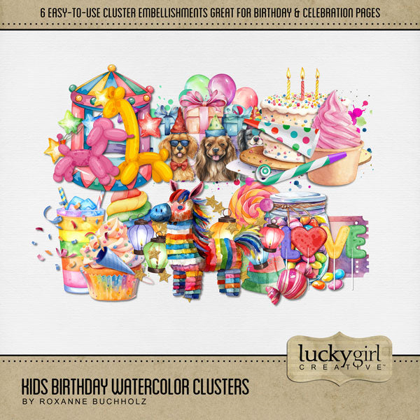 Celebrate the children in your life with these easy-to-use bright and playful watercolor cluster embellishments by Lucky Girl Creative digital art for digital scrapbooking. Great for boys and girls! Embellishments include birthday cake, ice cream, party decor, whistle, horn, balloon animal, pinata, drink, dogs, candy, and more. This kit is included in the Kids Birthday Watercolor Bundle.