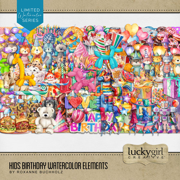 Celebrate the children in your life with these bright and playful watercolor embellishments by Lucky Girl Creative digital art for digital scrapbooking. Great for birthday, boys, girls, celebrations, and other carnival activities. Embellishments include balloon, monkey, frog, dog, giraffe, rabbit, bear, balloon arch, jumpy house, bounce house, banner, bunting, candle, goodie bag, carousel, car, clown, stars, confetti, cupcake, drink, soda, birthday cake, cake, candy, donut, doughnut, chicken nuggets