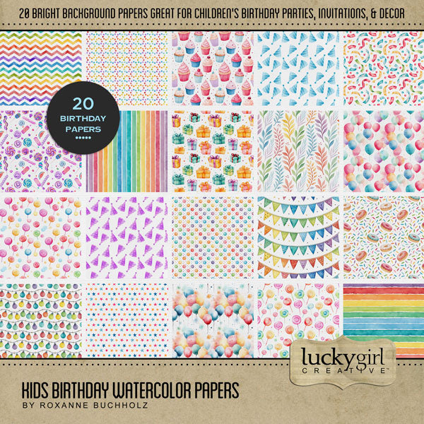 Celebrate the children in your life with these fun and playful watercolor papers by Lucky Girl Creative digital art for digital scrapbooking in bright rainbow party colors. Great for boys and girls, birthday, party, carnival, playdates with friends, and more. This kit is included in the Kids Birthday Watercolor Bundle.