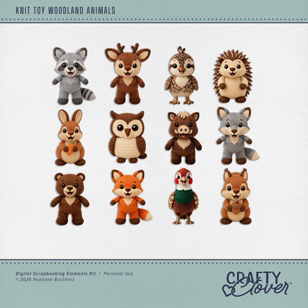 Bring a little woodland whimsy and handmade charm to your creative projects with the Knit Toy Woodland Animals Digital Scrapbook Kit by Crafty Clover digital art! Featuring an adorable collection of knitted woodland creatures inspired by soft, cuddly stuffed animals, this delightful kit is filled with cozy textures, sweet details, and storybook appeal. From lovable forest friends to their charming yarn-crafted look, every element captures the warmth and nostalgia of treasured handmade toys.